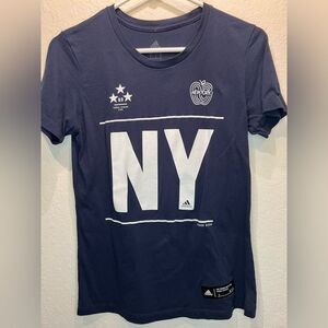 Adidas New York NY Never Sleeps 3 Stripe Life Navy Cotton New Women's T-Shirt